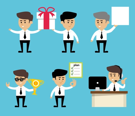 Businessmen with box trophy and plan emotional gestures and poses set isolated vector illustration