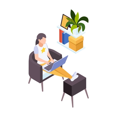 Remote distant work from home isometric composition with girl sitting with laptop in home environment vector illustration
