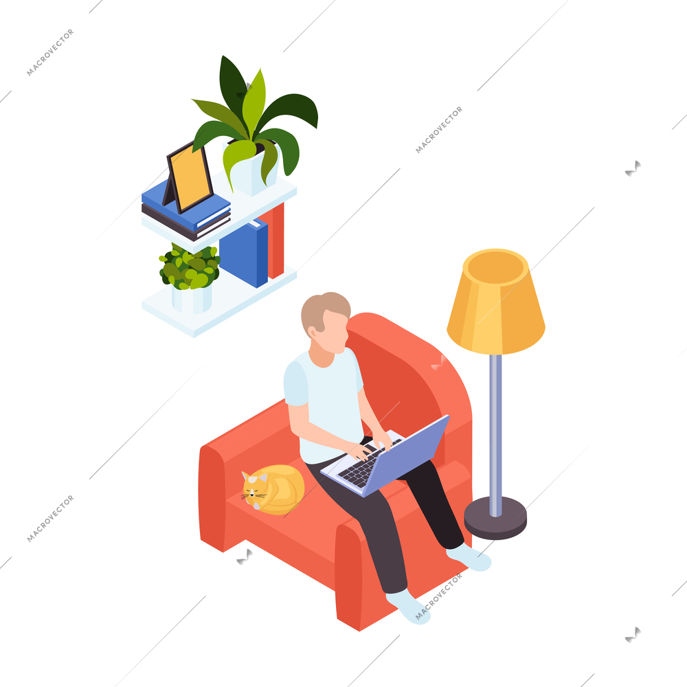 Remote distant work from home isometric composition with man sitting on chair side with laptop cat and floor lamp vector illustration