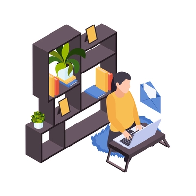 Remote distant work from home isometric composition with interior elements and human character with laptop vector illustration