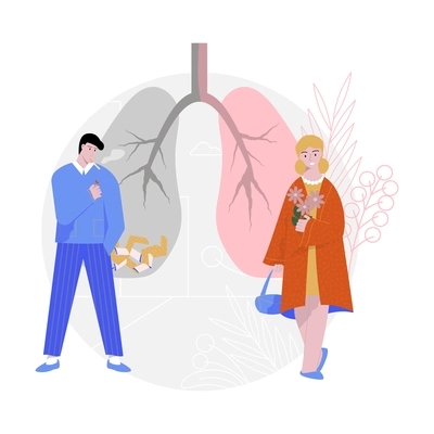 Smoking cigarette flat composition with characters of smoking man and non smoking woman vector illustration