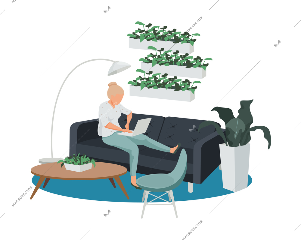 Contemporary workspace flat composition with female character holding laptop sitting on sofa with designer furniture and plants vector illustration