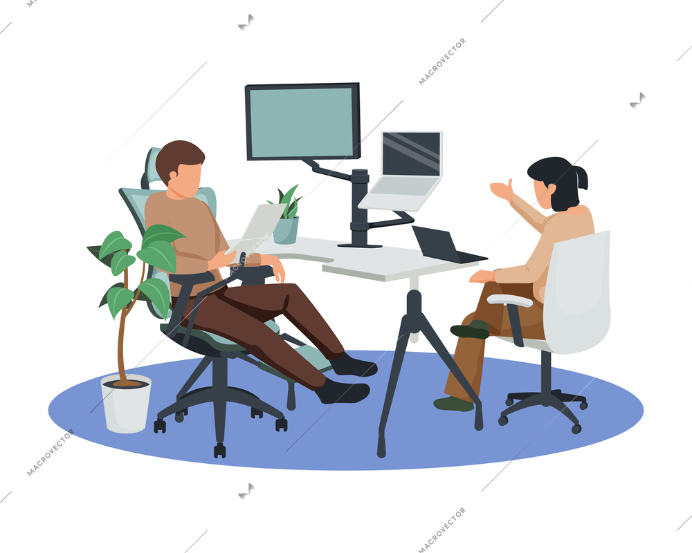 Contemporary workspace flat composition with computers on table stands and people sitting in adjustable chairs vector illustration