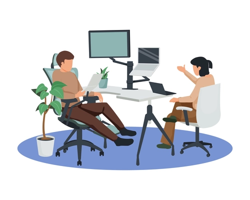 Contemporary workspace flat composition with computers on table stands and people sitting in adjustable chairs vector illustration