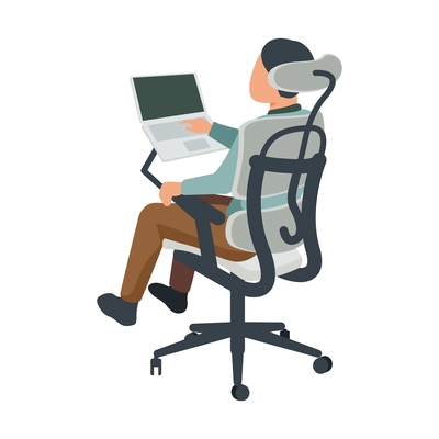 Contemporary workspace flat composition with person sitting on adjustable chair with laptop on folding stand vector illustration