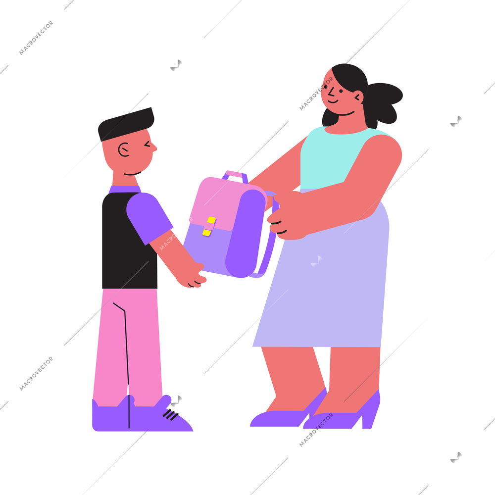 School supplies shop flat composition with character of mother giving new backpack to her son vector illustration