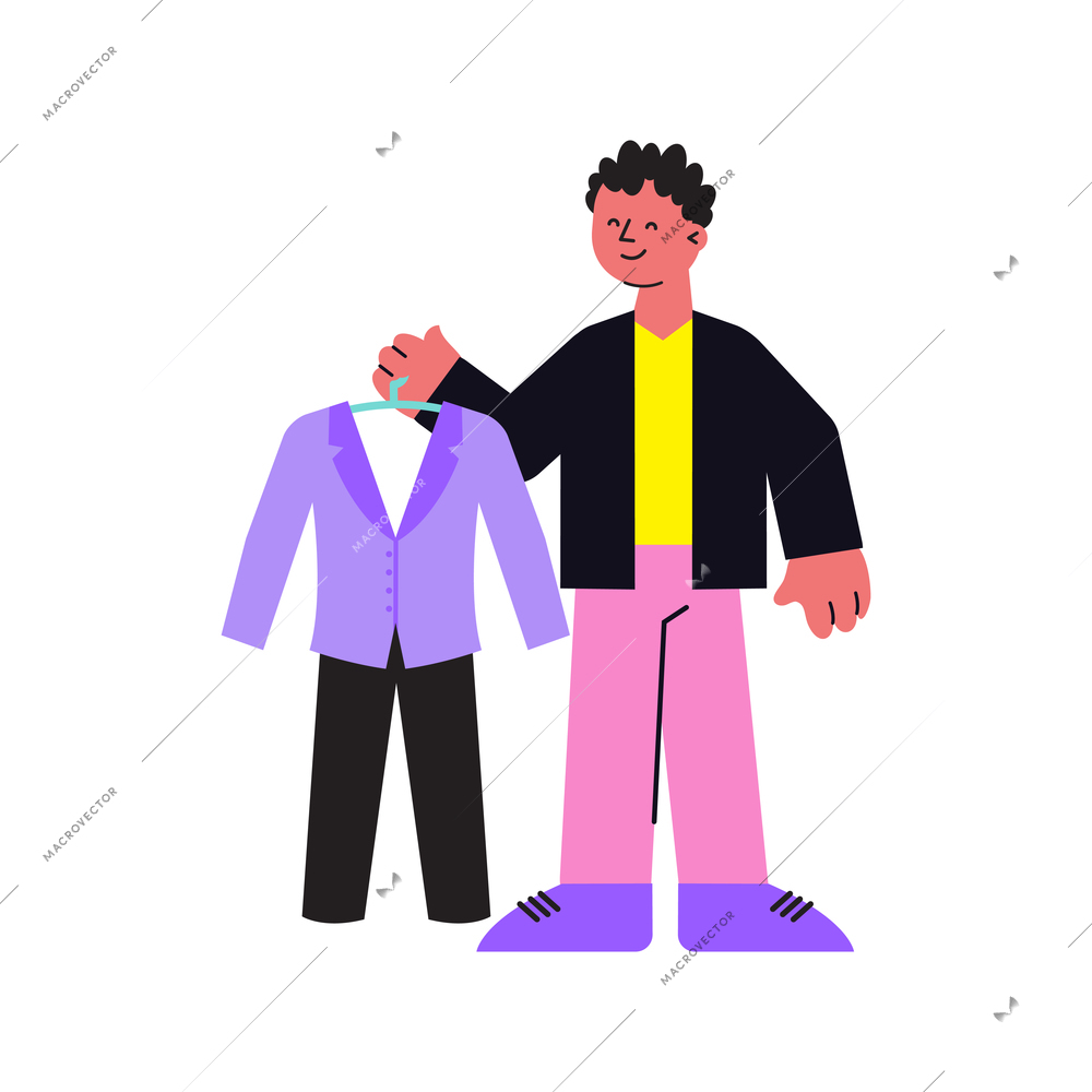 School supplies shop flat composition with happy boy character holding new bought suit vector illustration