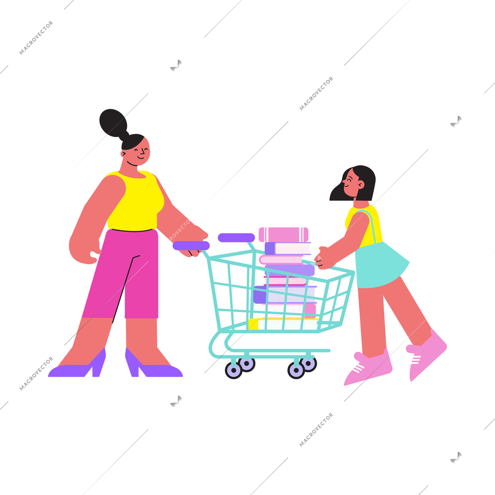 School supplies shop flat composition with mother and daughter moving supermarket trolley full of books vector illustration