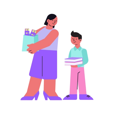 School supplies shop flat composition with mother and son holding stack of books and shopping bag vector illustration