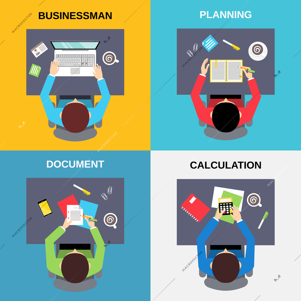 Top view businessman planning document calculation flat set isolated  vector illustration.