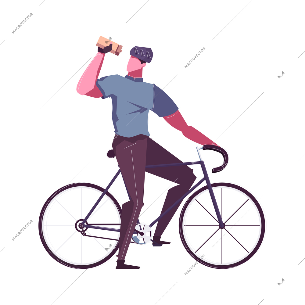 Leisure man flat composition with isolated bike rider taking break drinking water from bottle vector illustration