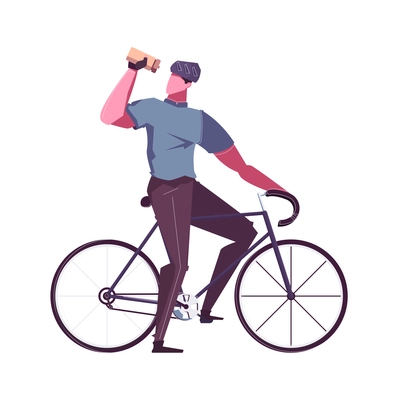Leisure man flat composition with isolated bike rider taking break drinking water from bottle vector illustration