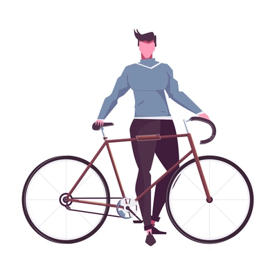 Leisure man flat composition with isolated character of standing man holding his bike vector illustration