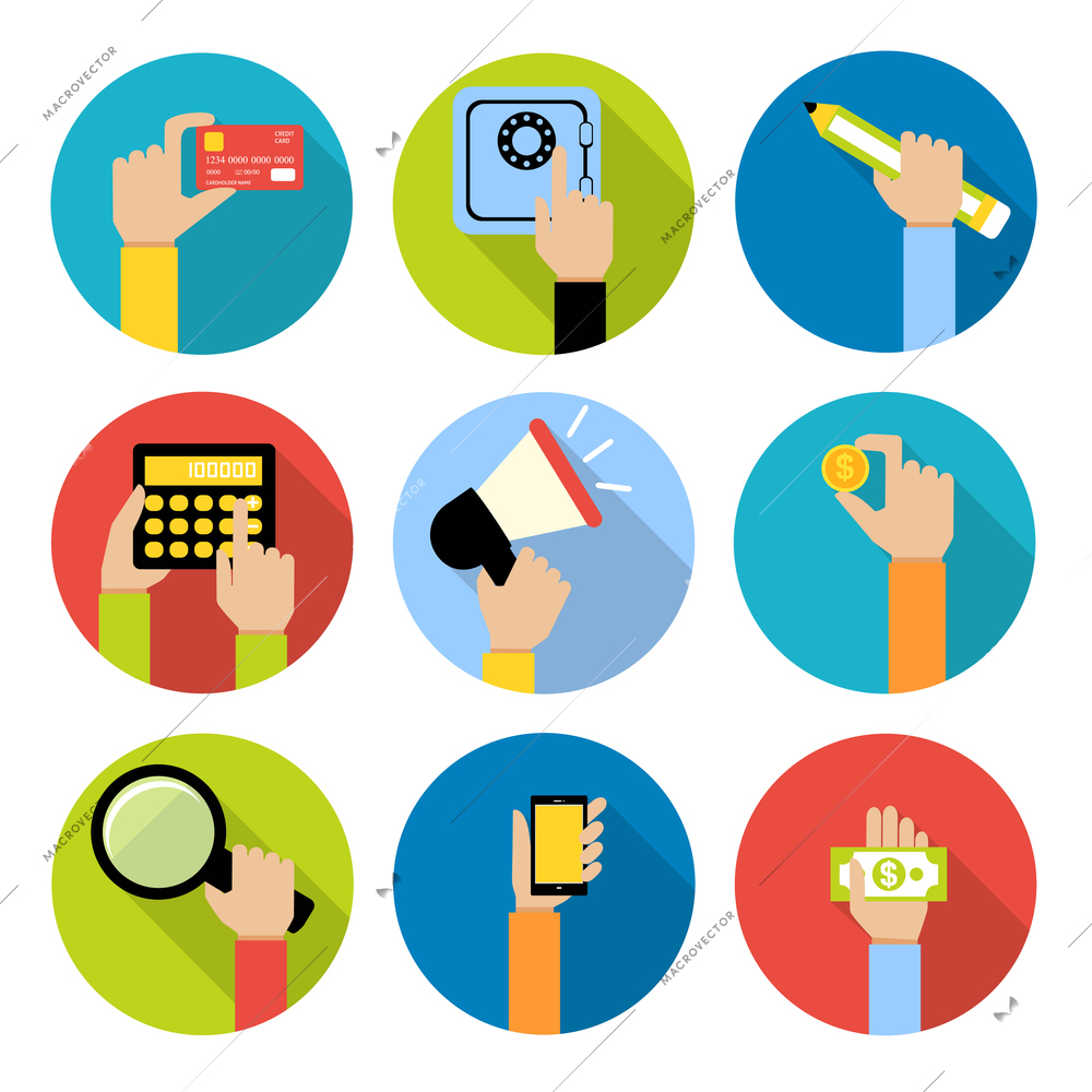 Business human hands with money coin and paper cash safe credit card icons set isolated vector illustration