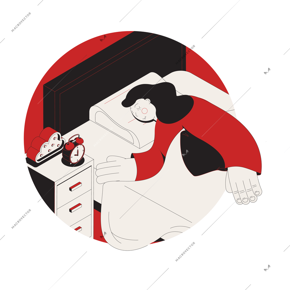 Dreams sleep isometric round composition with view of woman sleeping in bed with alarm clock on bedside table vector illustration