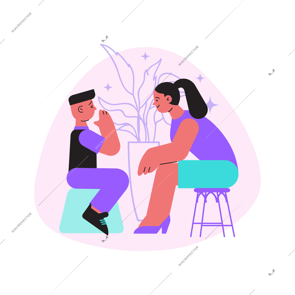 Psychological support flat composition with character of teenage boy talking to female psychiatrist vector illustration