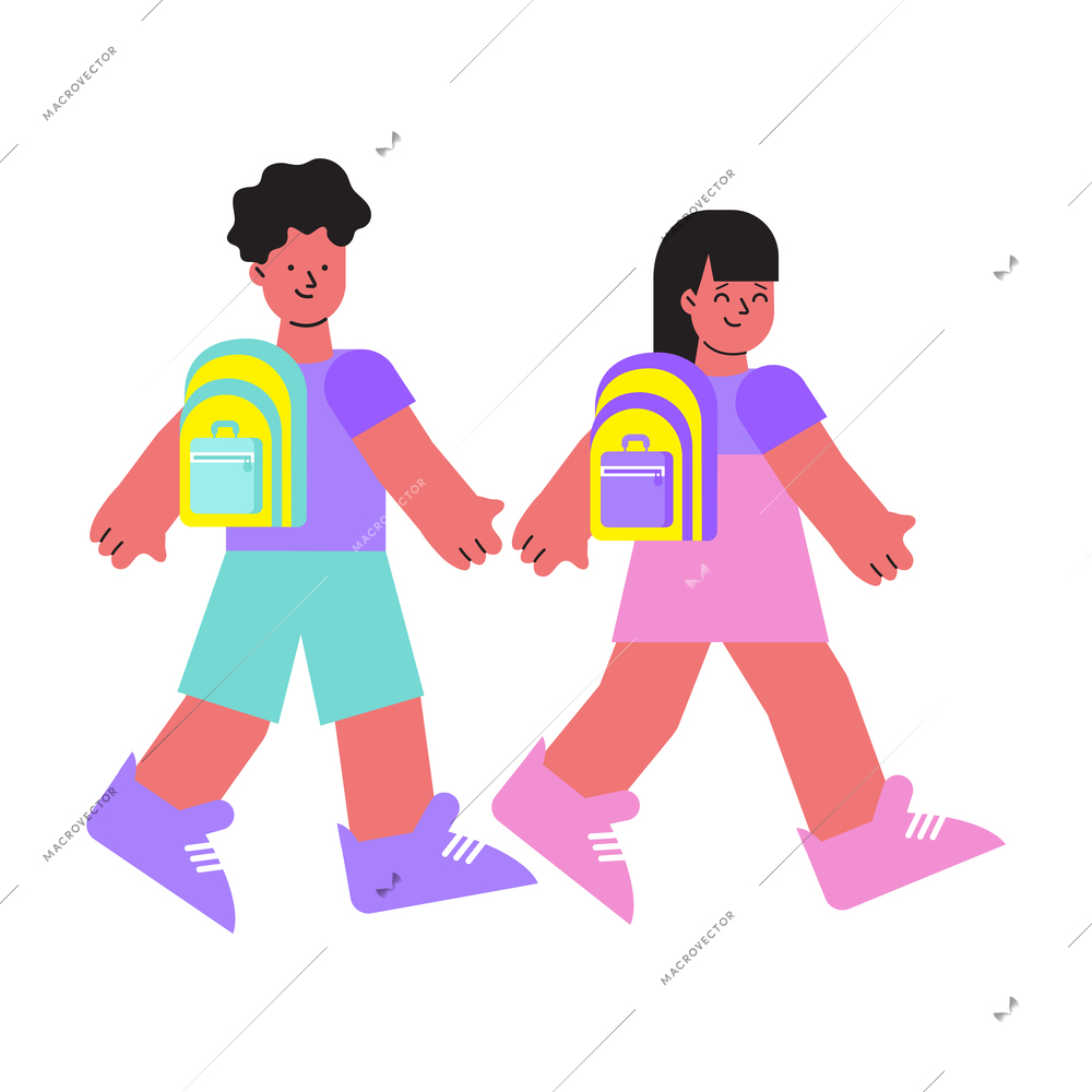 School supplies shop flat composition with characters of joyful boy and girl walking wearing backpacks vector illustration