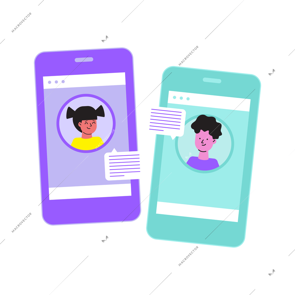 School supplies shop flat composition with two smartphones with avatars of kids messaging to each other vector illustration