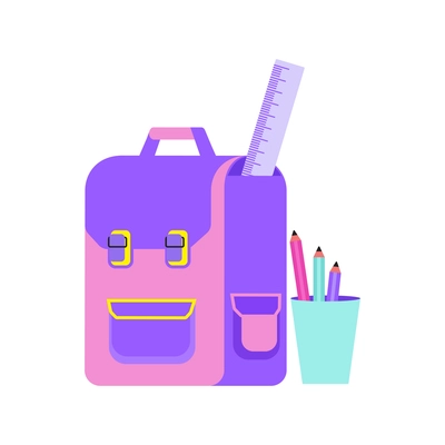 School supplies shop flat composition with images of backpack with ruler and glass with pencils vector illustration