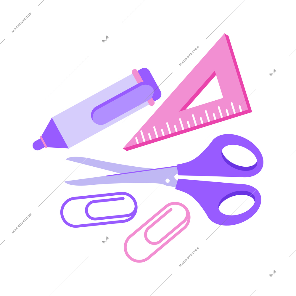 School supplies shop flat composition with isolated images of glue scissors triangle ruler and two paper clips vector illustration