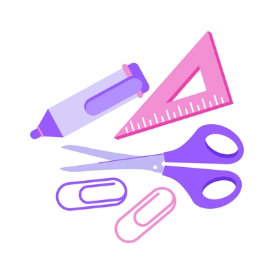 School supplies shop flat composition with isolated images of glue scissors triangle ruler and two paper clips vector illustration