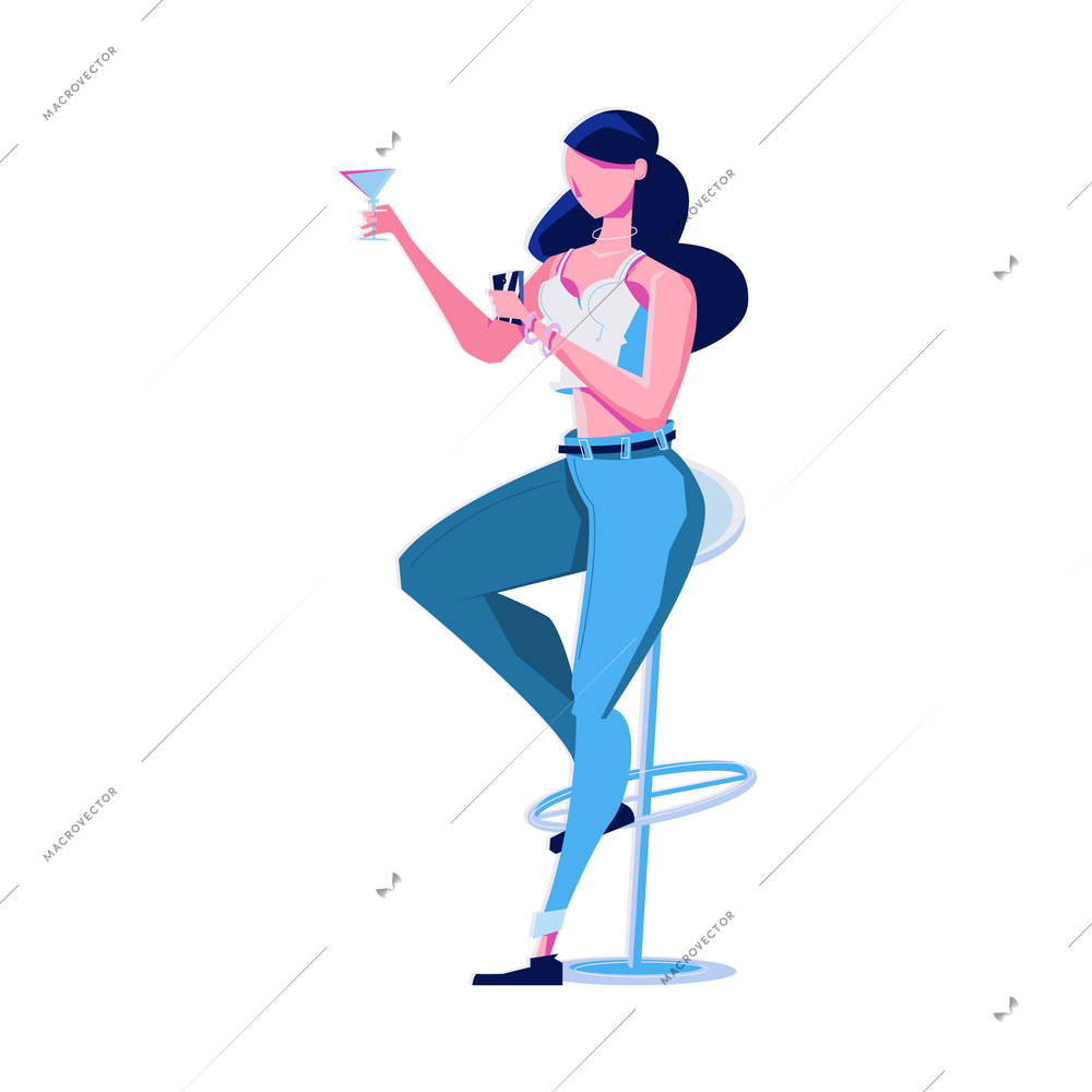 Night club flat composition with isolated female character sitting on bar stool with glass of drink and smartphone vector illustration
