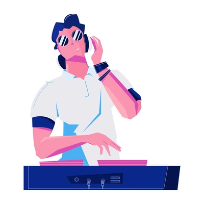 Night club flat composition with isolated character of dj in sunglasses playing set with headphones vector illustration