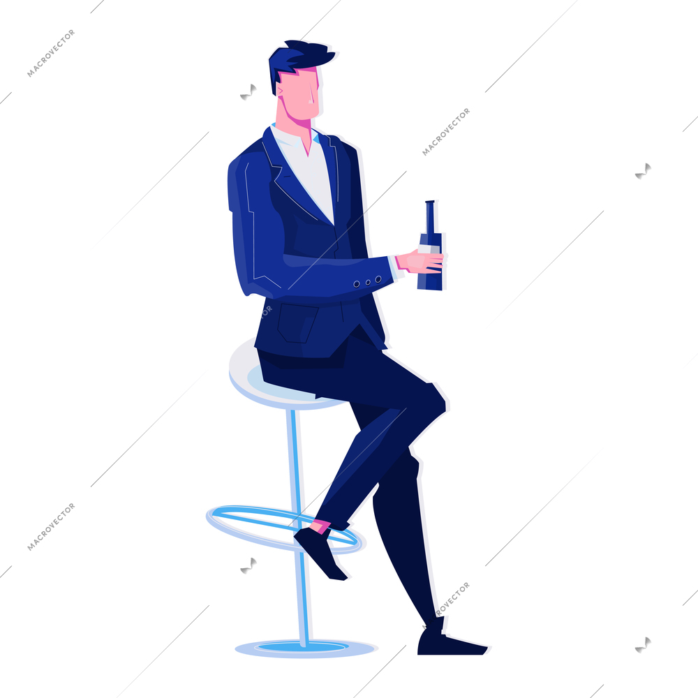 Night club flat composition with isolated character of male visitor sitting on bar stool with bottle vector illustration