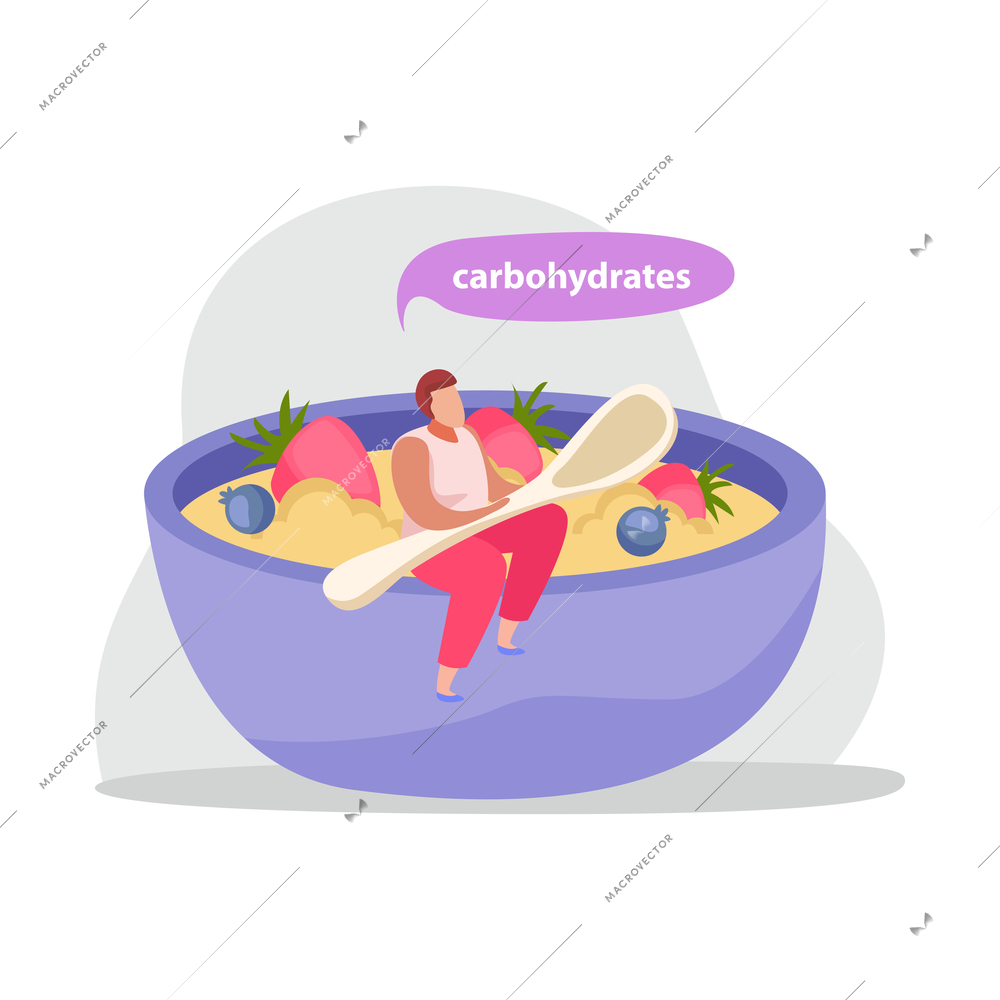 Healthy and super food flat icons composition with man holding spoon sitting on edge of dish with porridge vector illustration