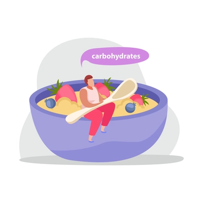 Healthy and super food flat icons composition with man holding spoon sitting on edge of dish with porridge vector illustration