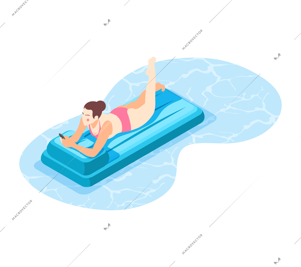 Swimming equipment and aids isometric composition with female character floating on inflatable mattress vector illustration