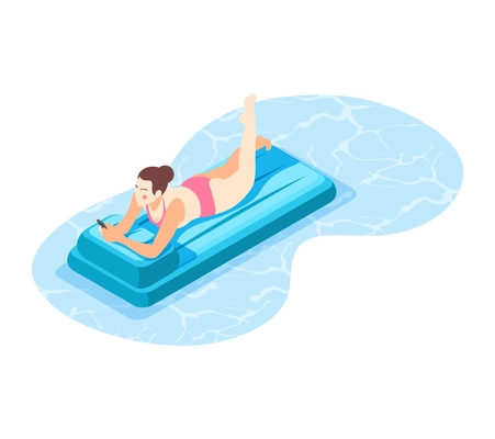 Swimming equipment and aids isometric composition with female character floating on inflatable mattress vector illustration