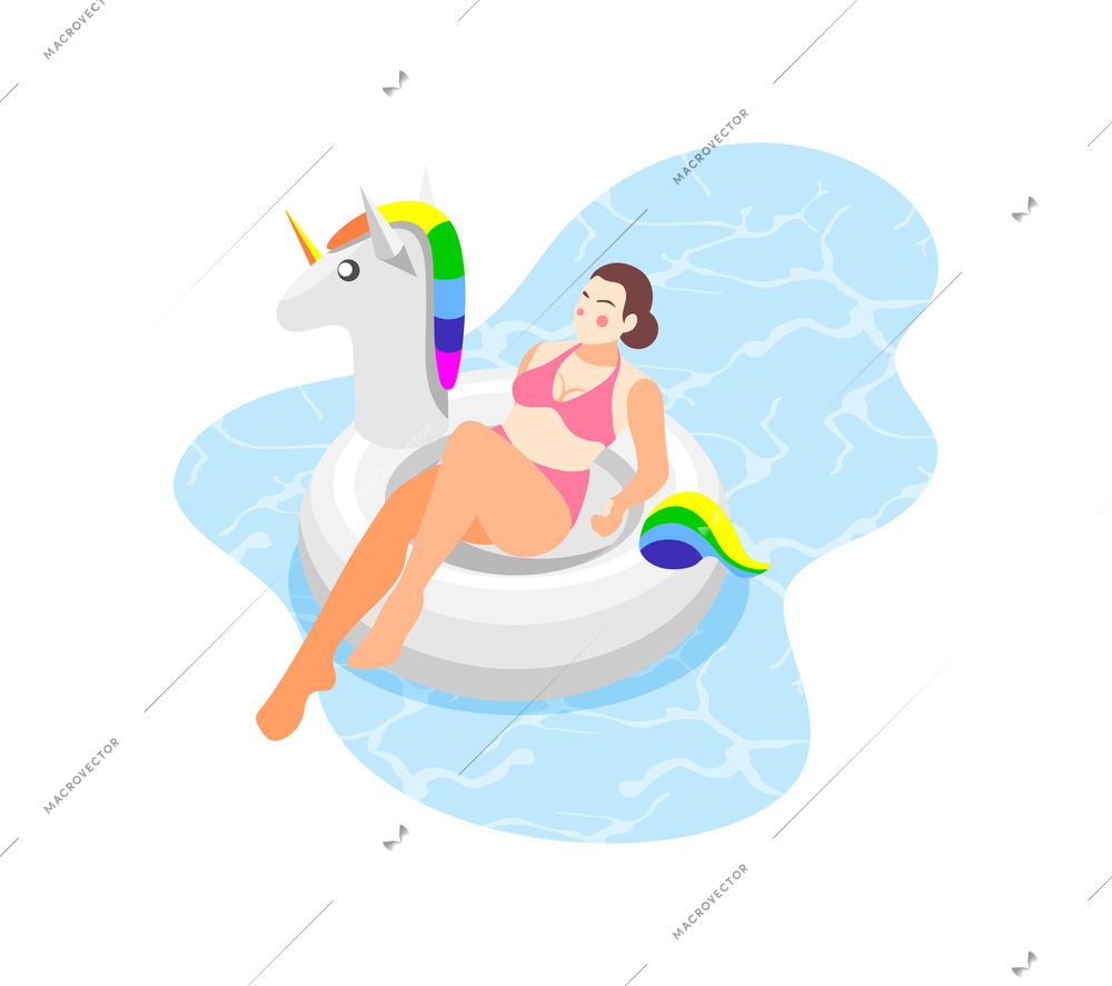 Swimming equipment and aids isometric composition with female character swimming on unicorn shaped inflatable ring vector illustration