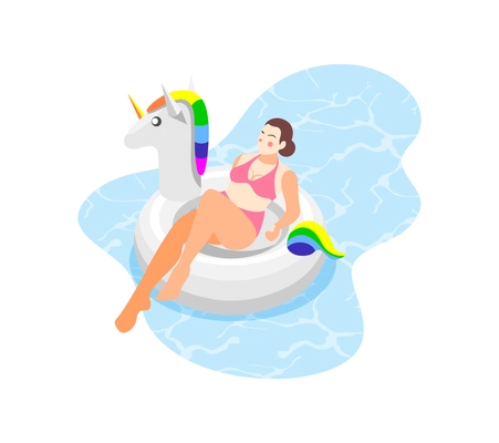Swimming equipment and aids isometric composition with female character swimming on unicorn shaped inflatable ring vector illustration