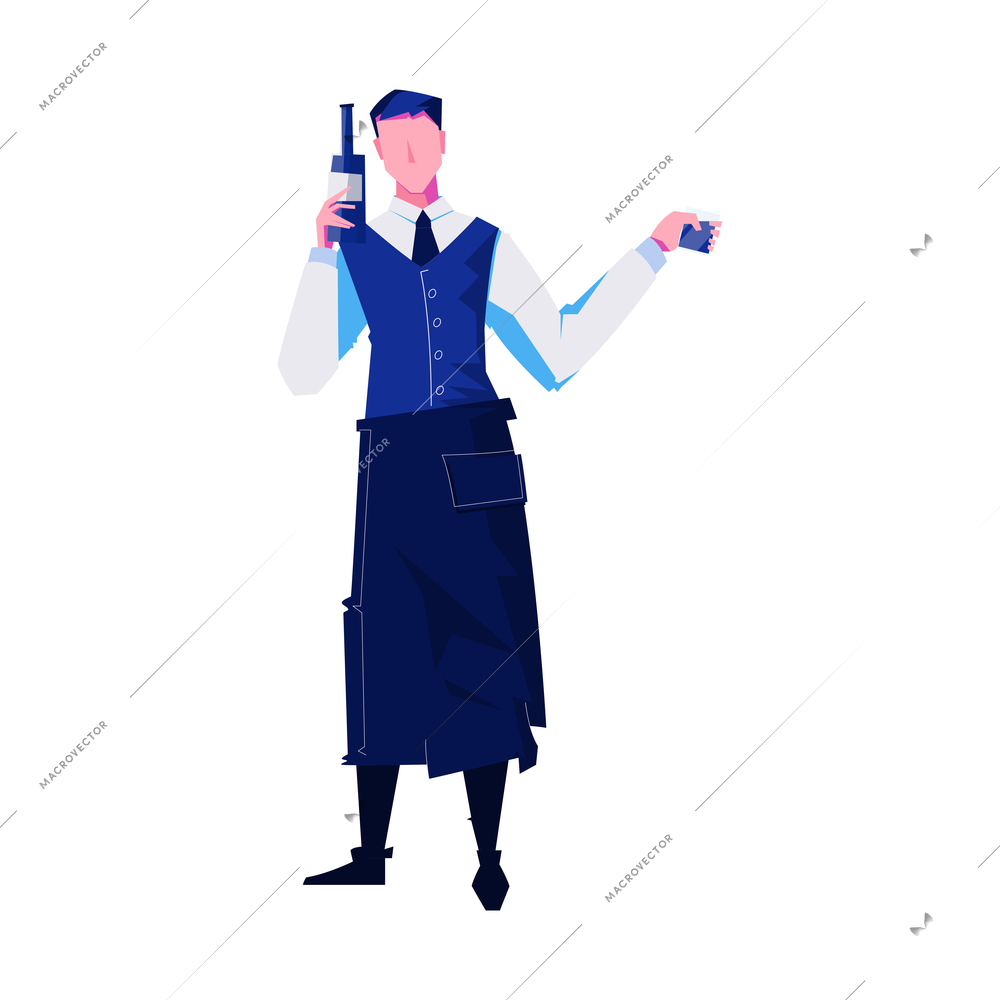 Night club flat composition with isolated character of male barman waiter holding bottle vector illustration