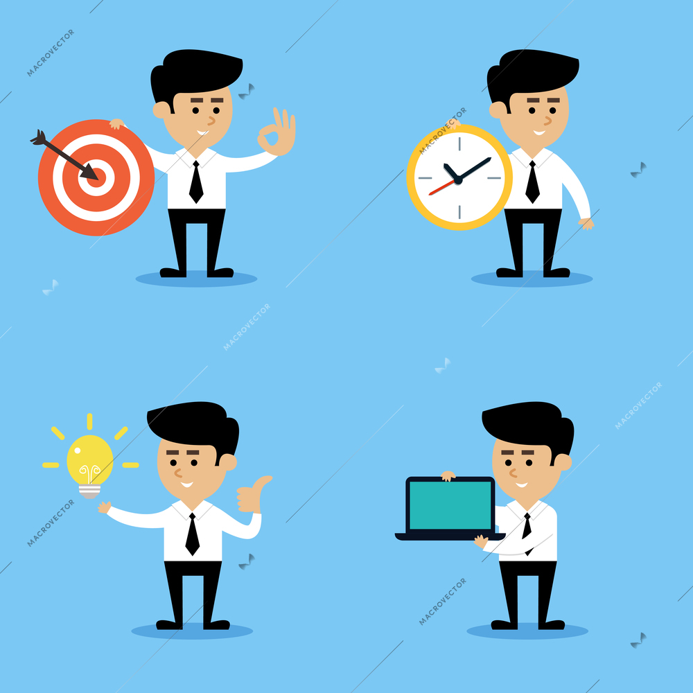 Businessman with target clock lightbulb computer emotional gestures and poses business concepts set isolated vector illustration