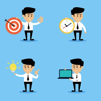 Businessman with target clock lightbulb computer emotional gestures and poses business concepts set isolated vector illustration