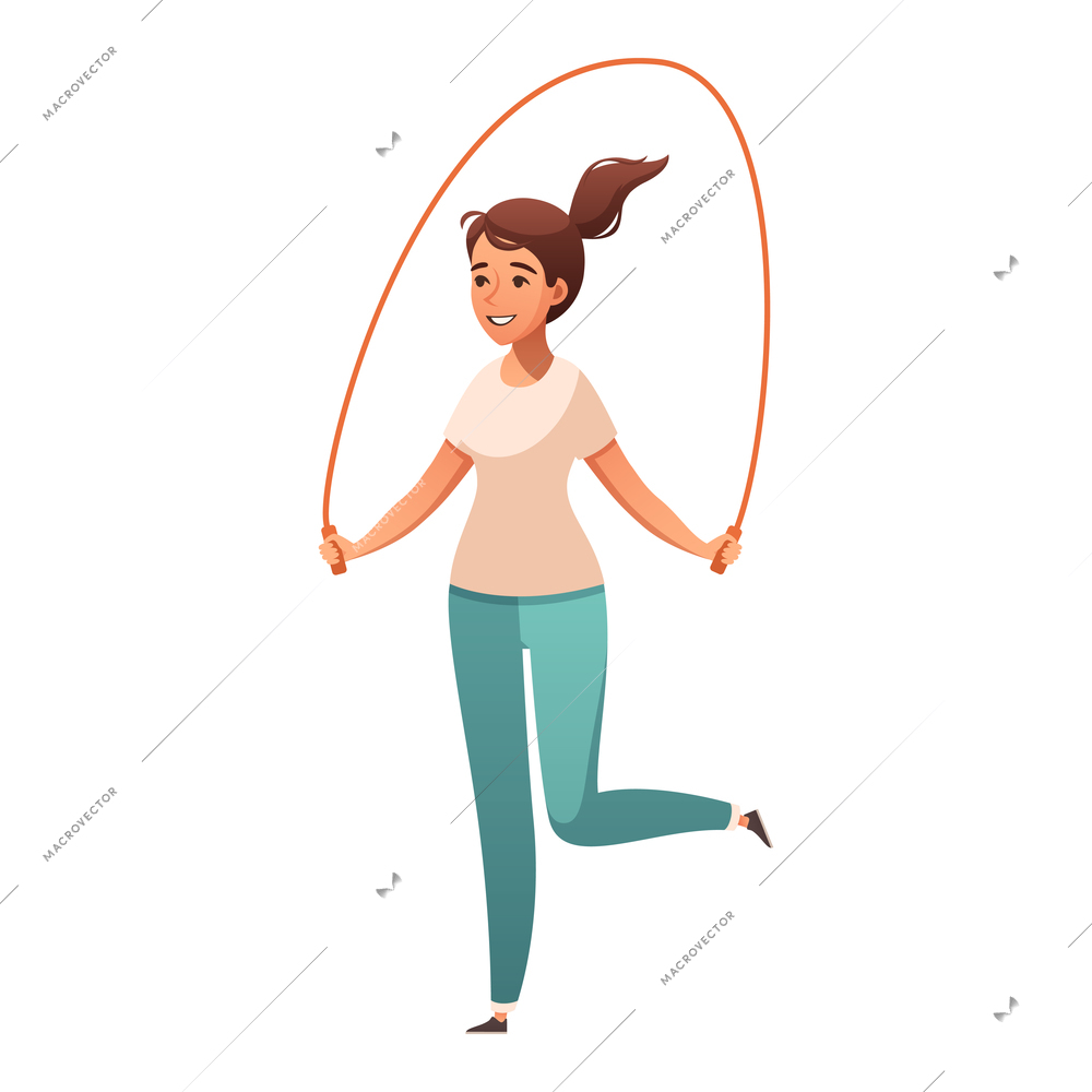 Healthy lifestyle cartoon composition with character of girl jumping with skipping rope vector illustration