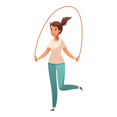 Healthy lifestyle cartoon composition with character of girl jumping with skipping rope vector illustration