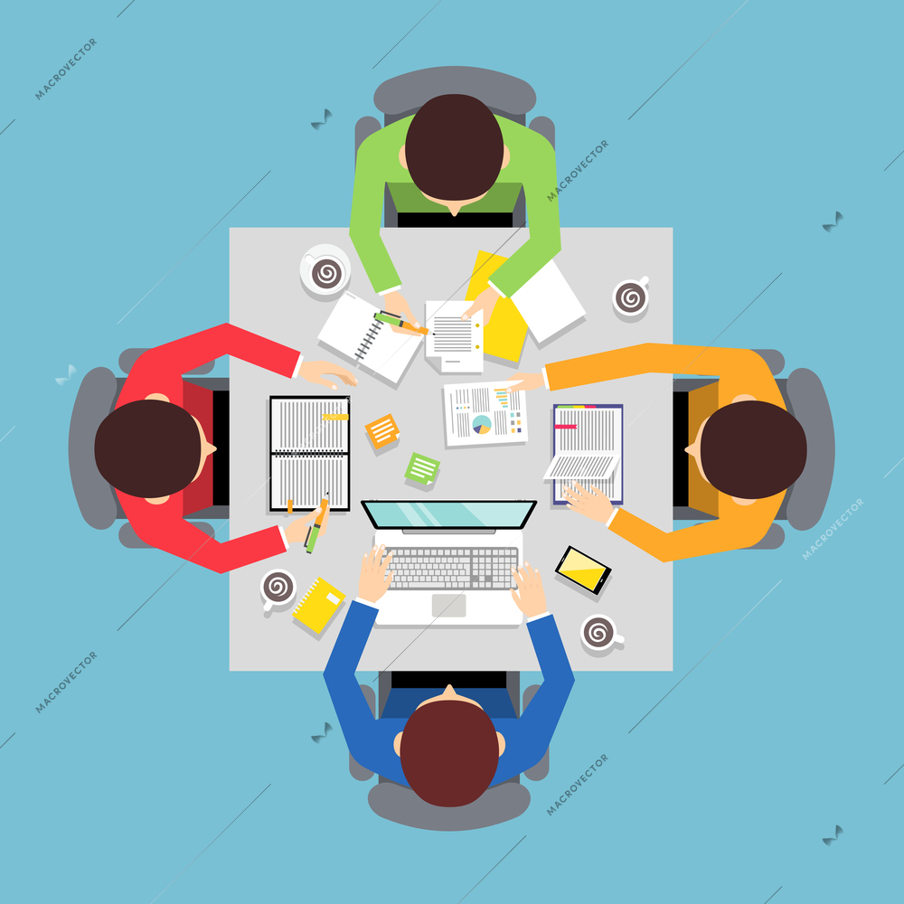 Business team meeting teamwork concept top view group people on squared table vector illustration.