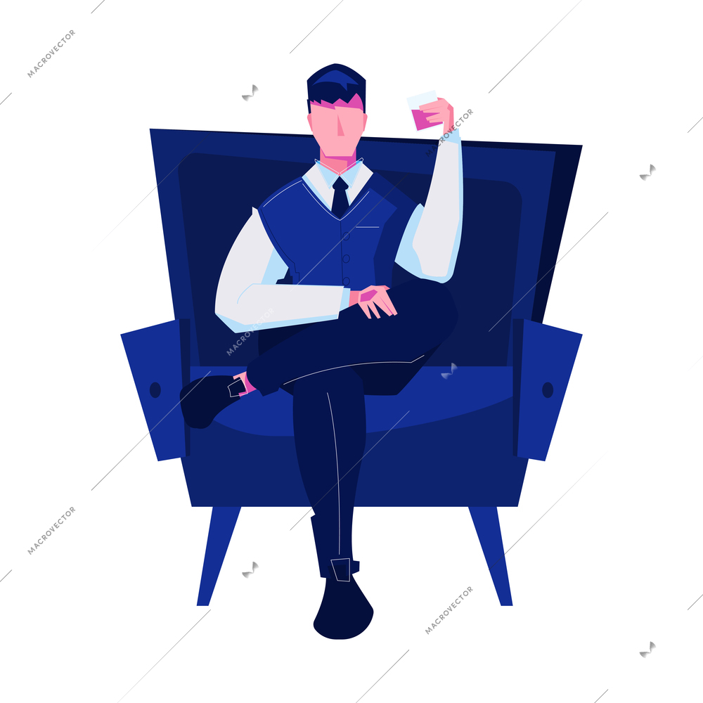 Night club flat composition with isolated image of chair with sitting man drinking cocktail vector illustration