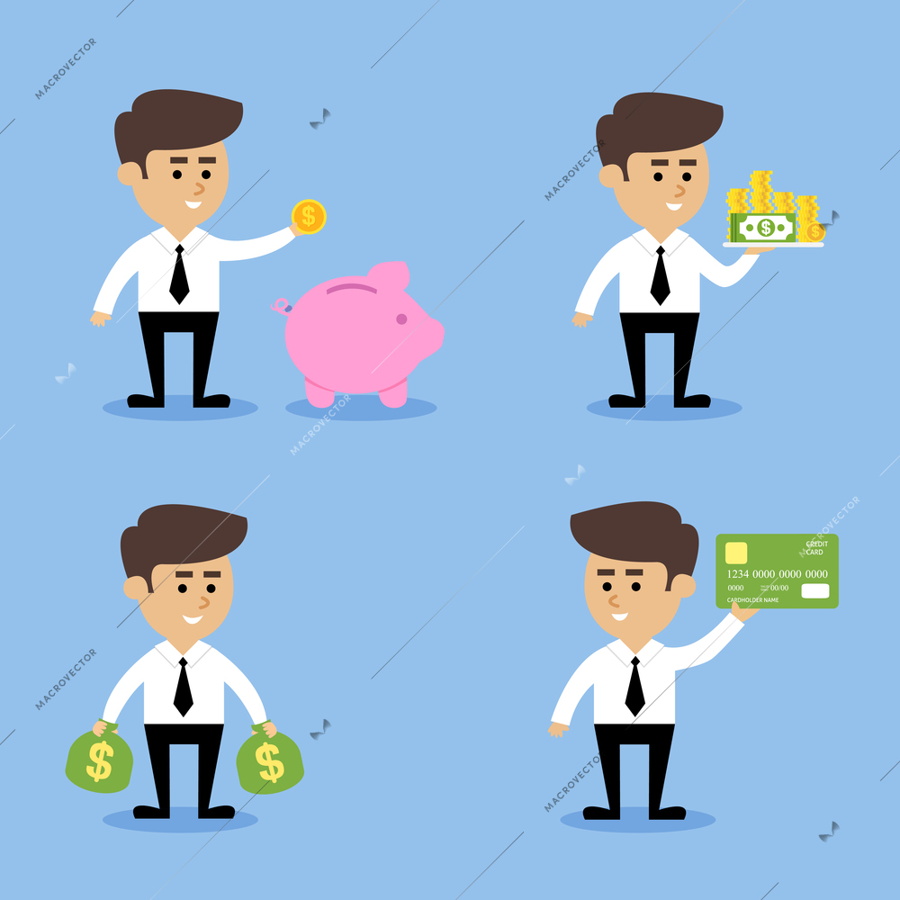 Businessman with piggy bank cash money bags credit card financial concepts set isolated vector illustration