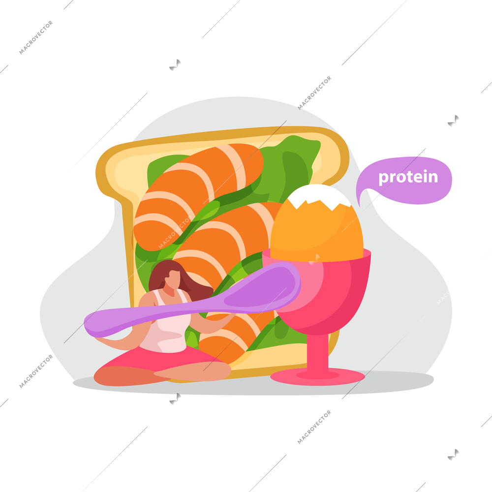 Healthy and super food flat icons composition with woman holding spoon egg on stand and shrimp toast vector illustration