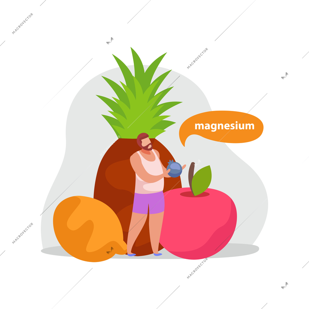 Healthy and super food flat icons composition with man holding blueberry with fruits and thought bubble vector illustration