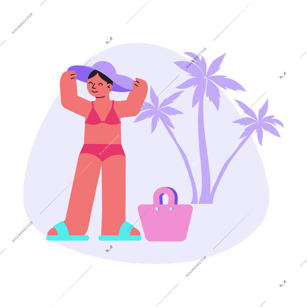 Sun protection flat composition with woman in hat with palm silhouette and basket vector illustration