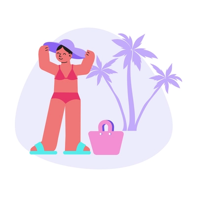 Sun protection flat composition with woman in hat with palm silhouette and basket vector illustration