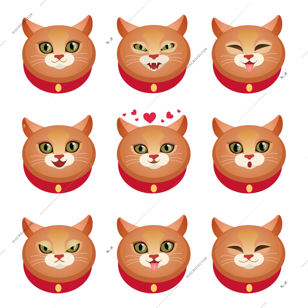 Cute cat face character emotions set decorative icons isolated vector illustration