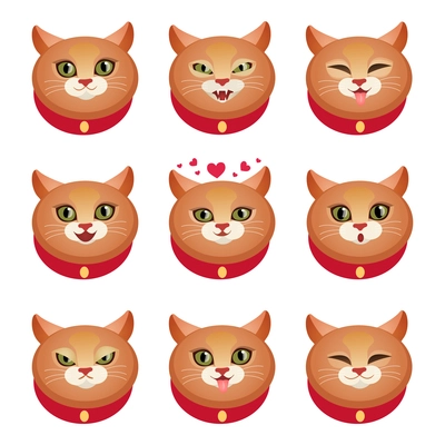 Cute cat face character emotions set decorative icons isolated vector illustration