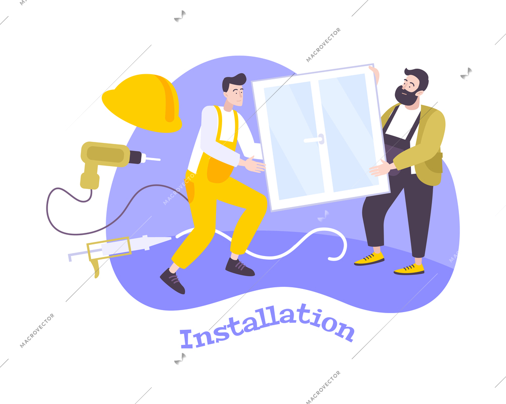 Window flat composition with characters of male workers carrying new window with tool icons and editable text vector illustration