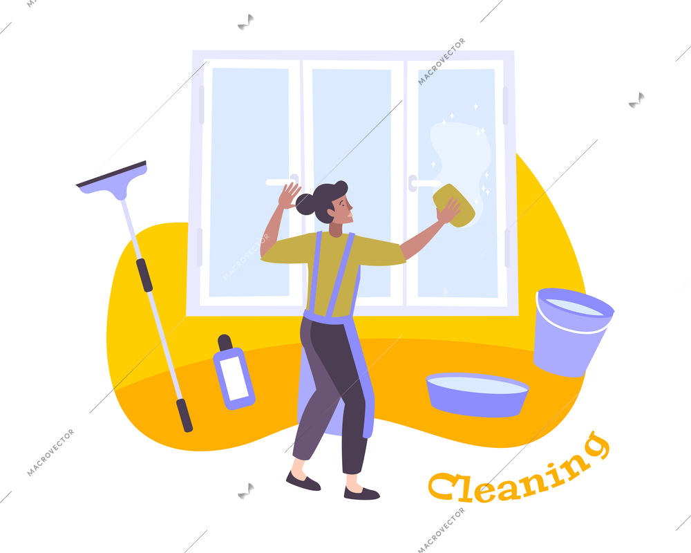 Window flat composition with housemaid character with tools and chemical detergents cleaning window with editable text vector illustration